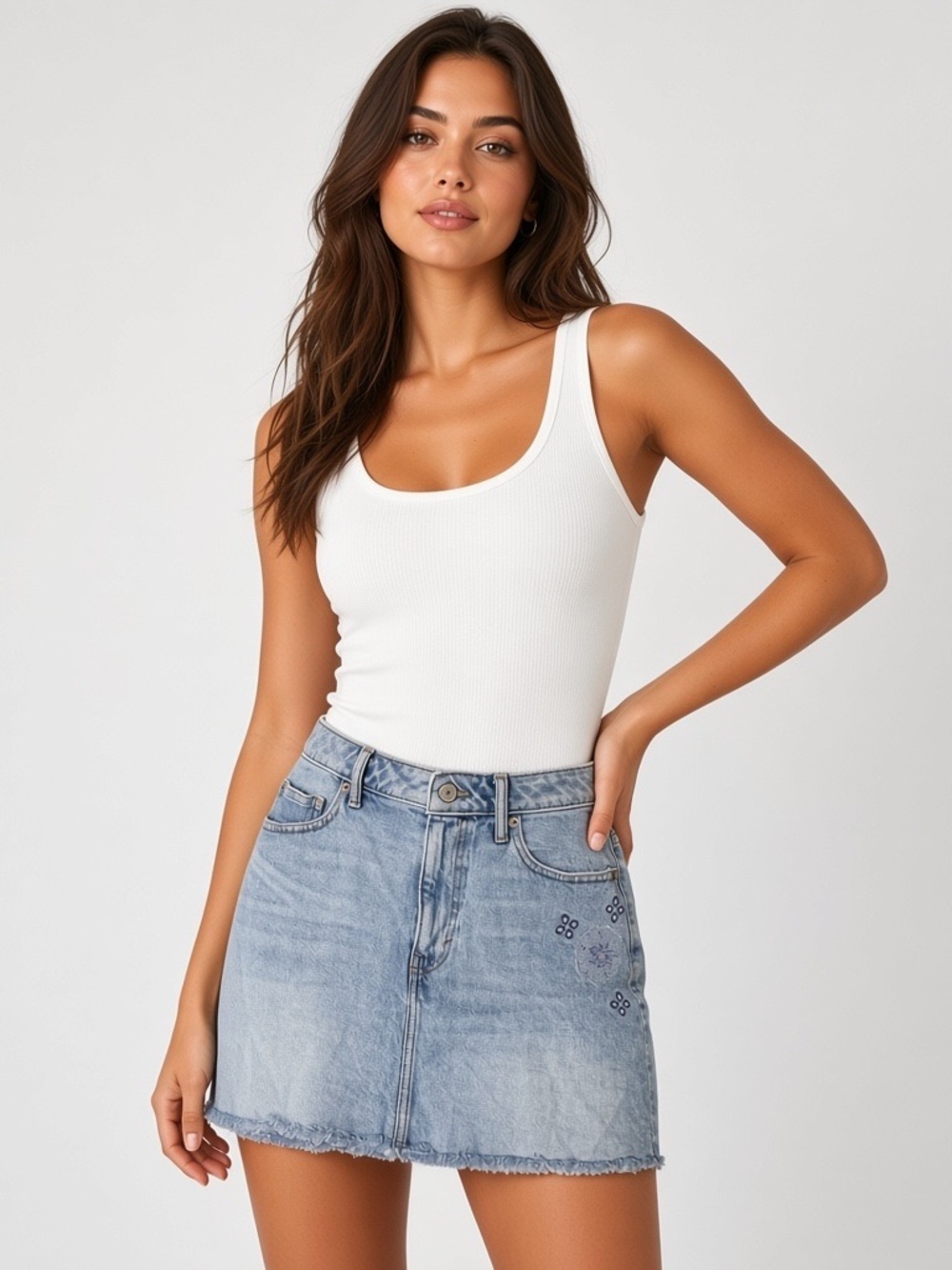 Lucky Brand | LIKE NEW high rise raw hem embroidered floral denim mini skirt